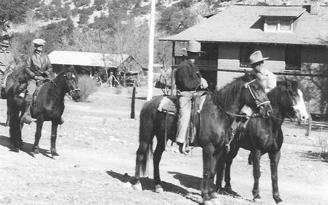 Riders on horseback in front of the Faraway Ranch house in 1919, at the mouth of Bonita Canyon