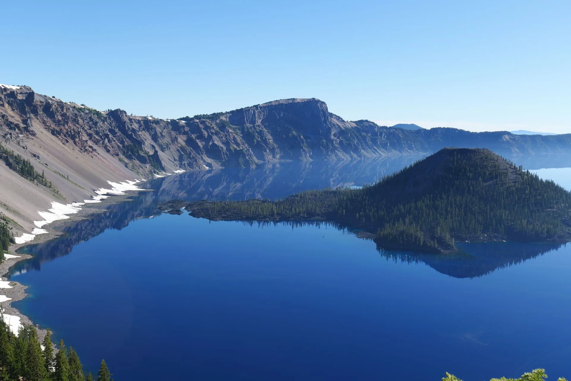 Open water of Crater Lake in Crater Lake National Park, Oregon, where the Old Man of the Lake has drifted for over a century