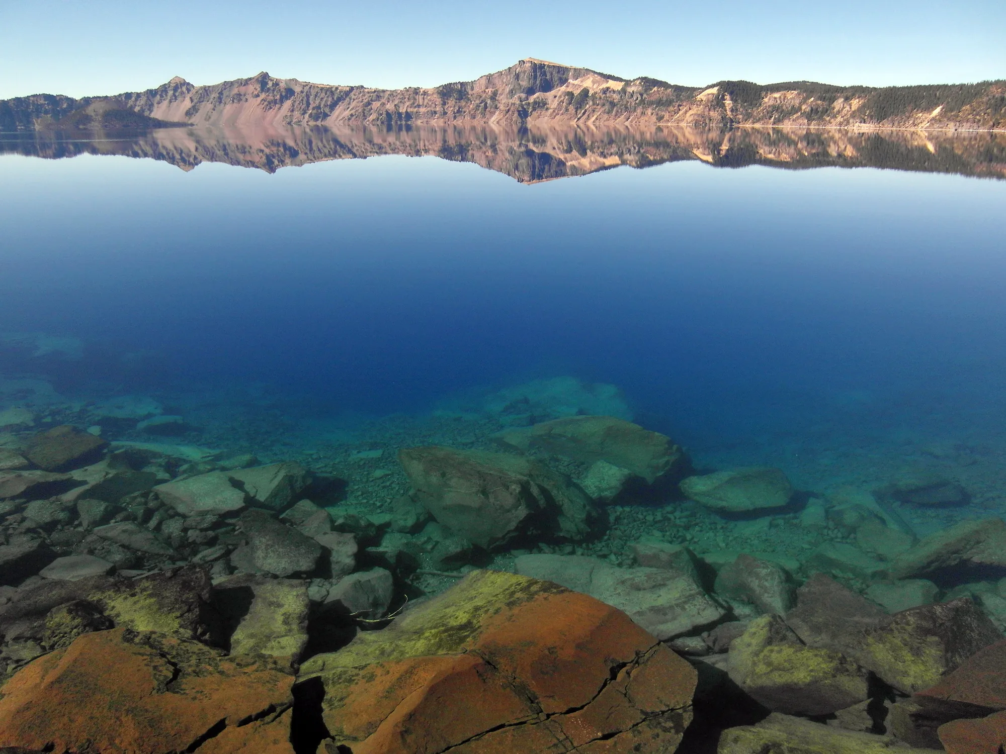 Deep blue water of Crater Lake, the deepest lake in the United States